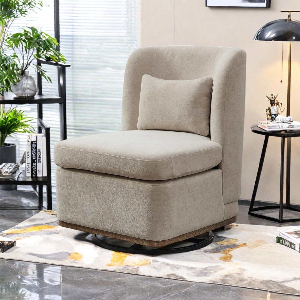 Chenille 360° Swivel Armless Chair with Metal Base, High-Density Foam Cushion, and Included Pillow