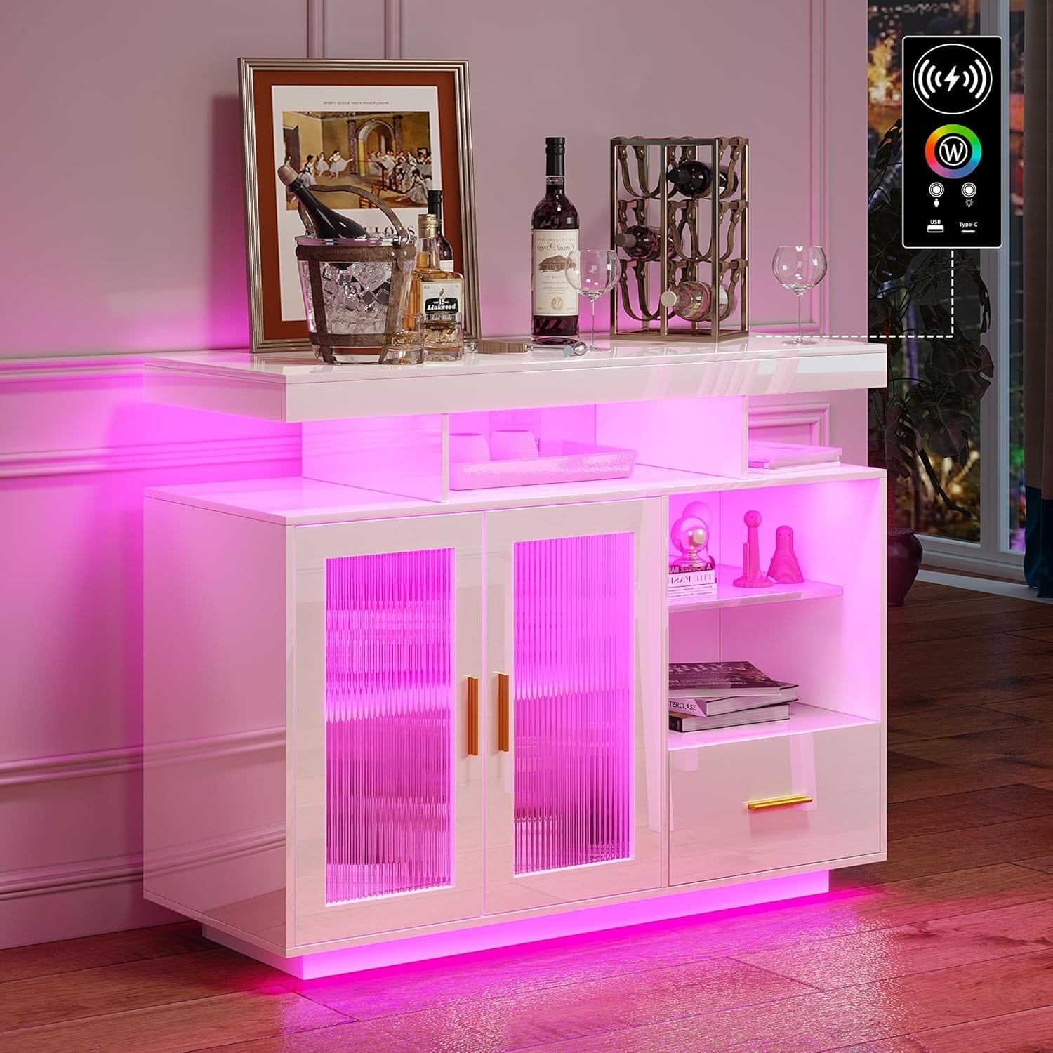 Modern LED Sideboard Buffet Cabinet with Wireless Charging, RGB Lighting & Adjustable Shelf for Living/Dining Room (White)