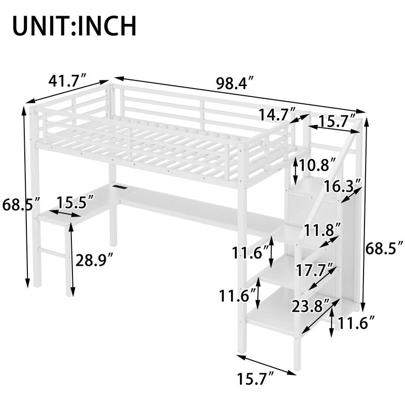 Roomfitters Full/Twin Size Metal Loft Bed with L-Shaped Desk, USB Ports, LED Lighting & Adjustable Shelves, White