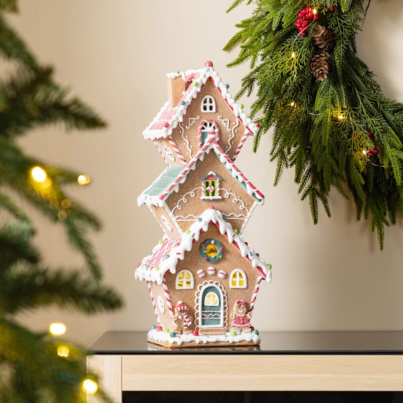 Glitzhome Lighted Christmas Gingerbread House Resin Village Xmas Table Decor Collectible Figurines