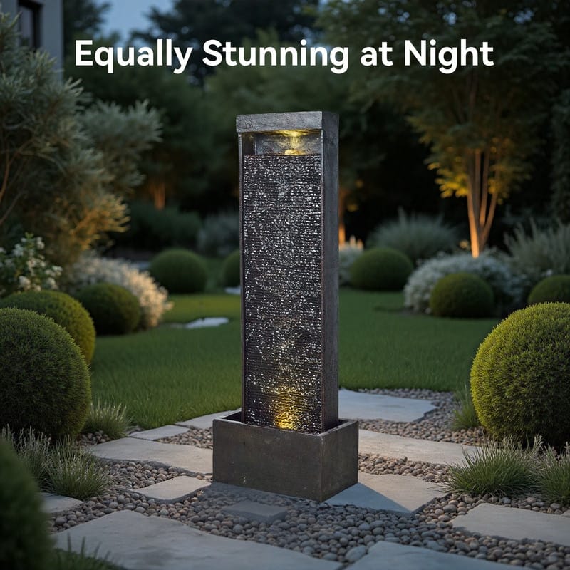 Vbal Modern Minimalist Water Curtain Outdoor Fountain with Base and LED Lights