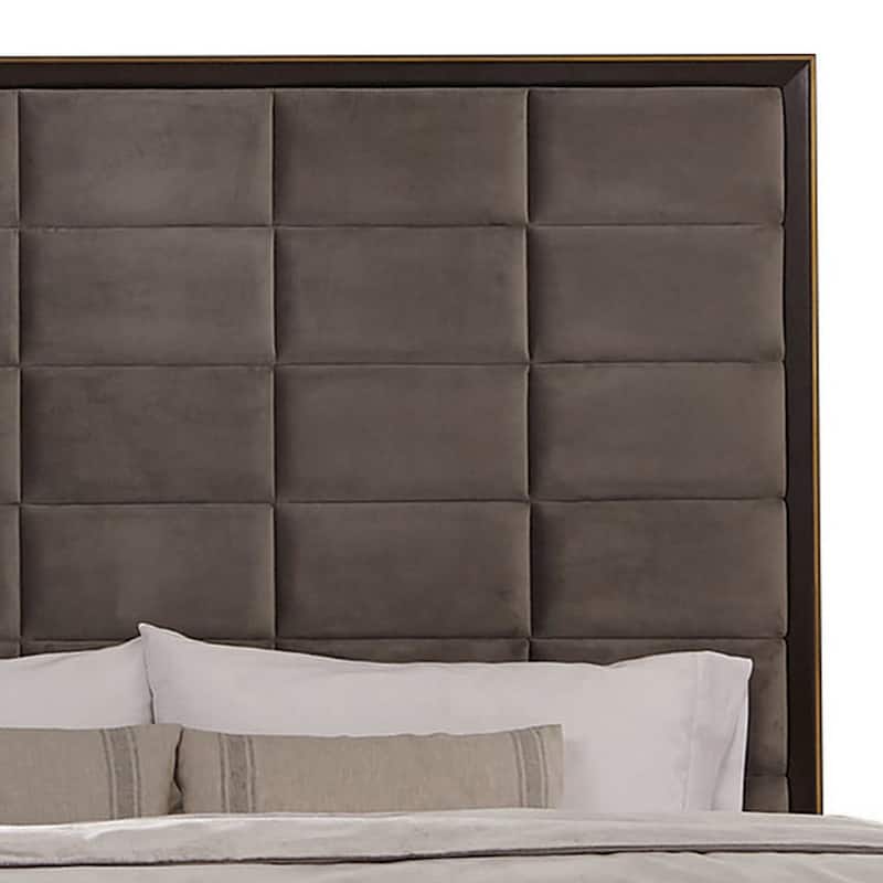 Oslo Queen Bed, Vaulted Headboard, Rectangular Tufting on Gray Upholstery