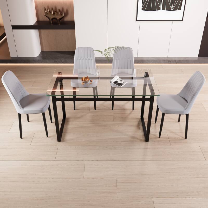 Modern Dining Set with Rectangular Glass Table & PU Upholstered Chairs