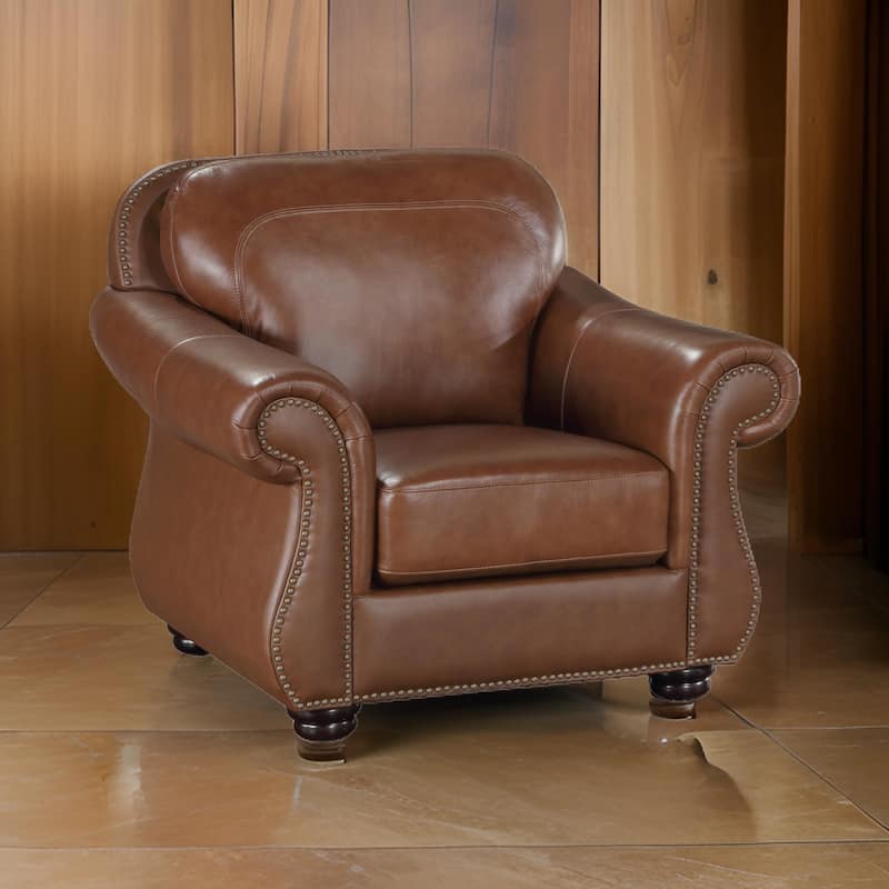 Boro 40 Inch Accent Chair, Brown Top Grain and Faux Leather, Solid Wood