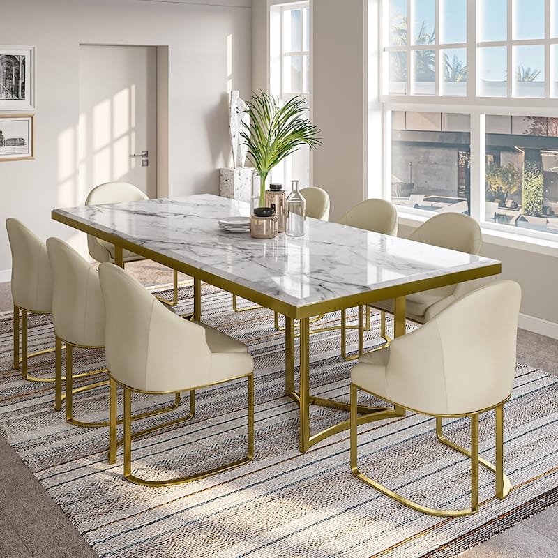 Modern Marble Dining Table with White Rectangular Tabletop Gold Stainless Legs, Dining Room Table