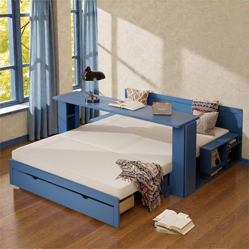 Queen Size 4-in-1 Daybed with Removable Desk, Storage Drawers, Hydraulic Side Tables & Extendable Armrests