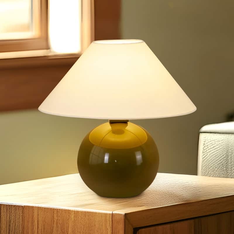 Brightech Fiona LED Olive Green Ceramic Midcentury Round Globe Bedside Nightstand Desk Lamp with Cream Cotton Empire Shade