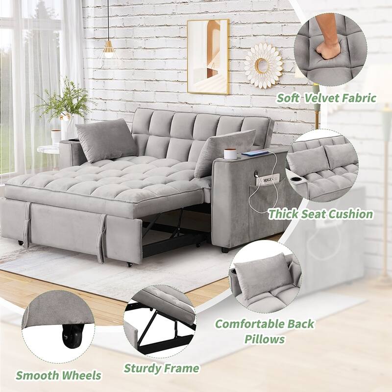 58" 4-in-1 Convertible Sofa Bed, Cup Holder and USB Port Included