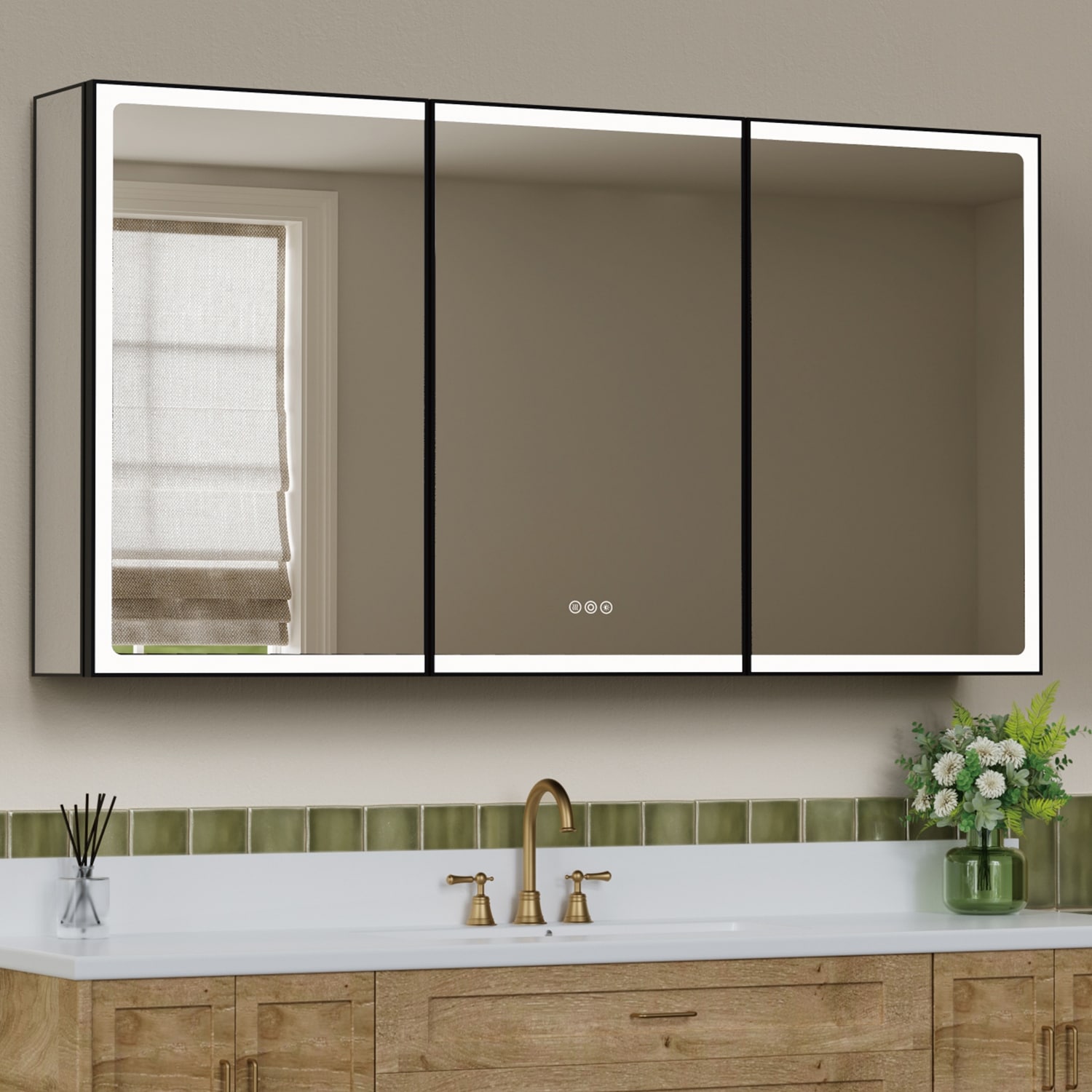 Grand Aluminum Medicine Cabinet with Mirror, Adjustable Shelves, Dimmable Light, Anti-Fog, Recessed or Wall Mount