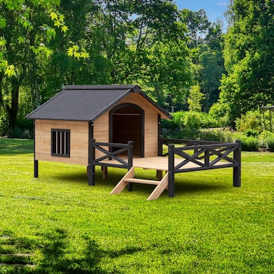 Outdoor Wooden Elevated Dog House Pet House with Porch, Metal Frame, Waterproof, Suitable for Medium and Large Dogs