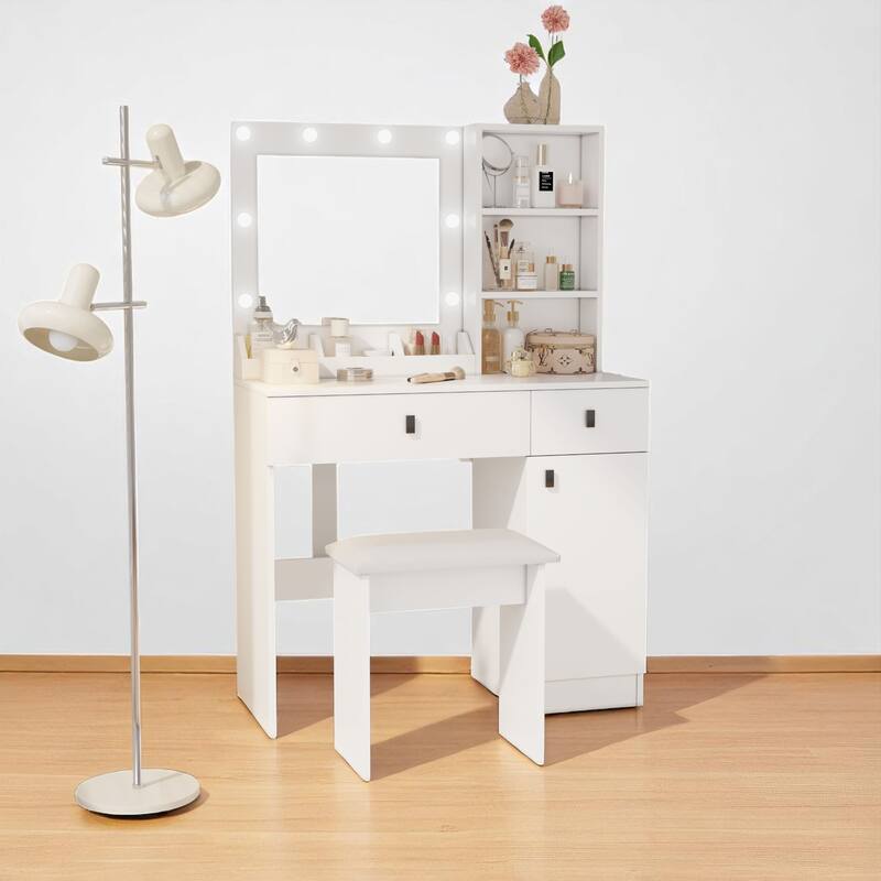 35" Makeup Vanity Table with Lighted Mirror, Hidden Storage Cabinet, Drawers & Touch Control Lighting Modes