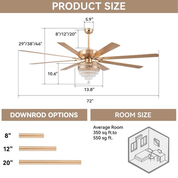dimension image slide 4 of 5, 52/62/72 Inch Crystal Fandelier Ceiling Fan with Lights and Remote, Reversible Motor
