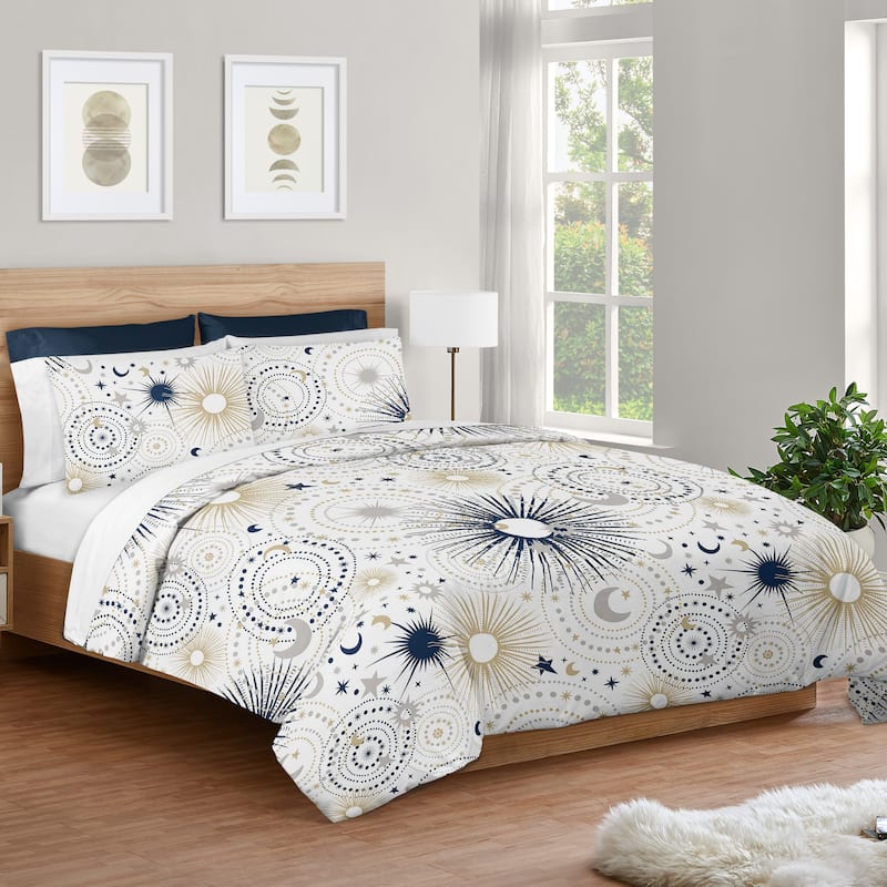 Star and Moon Collection Boy Girl 3pc Full Queen Comforter Set - Navy Blue Gold Grey Celestial Sky Stars Gender Neutral Unisex