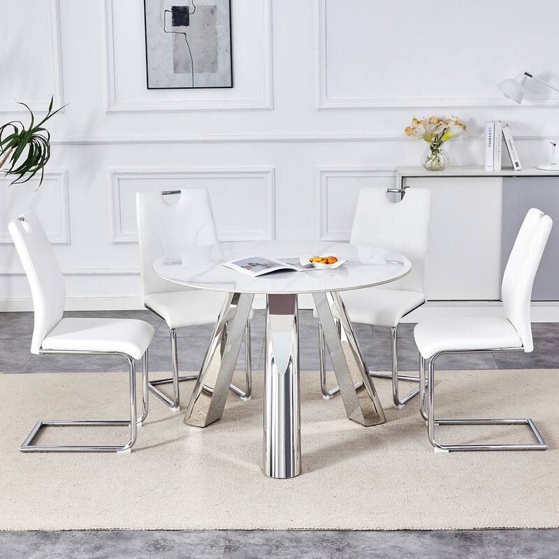 42" Sintered Stone Dining Set Brushed Silver Steel Base 4 PU Upholstered Chairs Modern Luxury Round Table