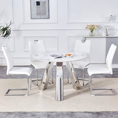 Roomfitters Round Sintered Stone Dining Table with 4 White Chairs, Stainless Steel Legs, White+Silver
