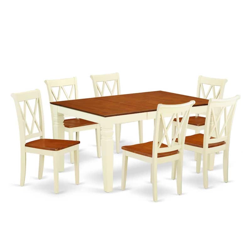 Rectangular Dining Table Set - 7Pc Table & Chairs - 42/60 Inch Table with Leaf - Double X Back Design