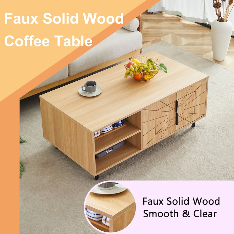 Spider Web Textured Coffee Table, Multi-functional Wooden Buffet Cabinet, Center Table with Open Shelves & Metal Legs