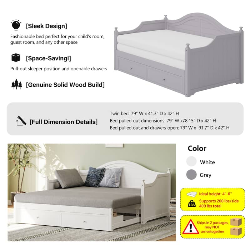 Twin Size Wood Daybed with Pull-Out Trundle, Extendable Sofa Bed with 2 Storage Drawers, Modern Platform Bed Frame