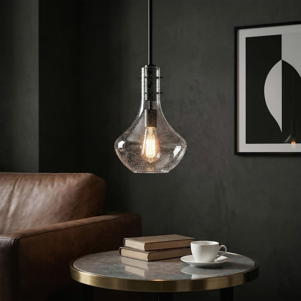 1-Light Seeded Glass Pendant Light Adjustable Height | Articulating Swivel Canopy | E26 Base | Hand-Blown Glass Shade