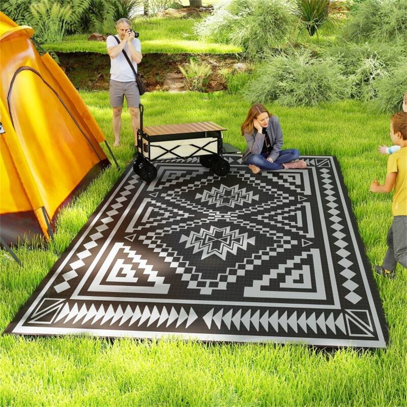 Reversible Outdoor Rug Square Patchwork, UV-Protected Foldable Polypropylene Mat with Carry Bag - : 215.7" L × 107.9" W