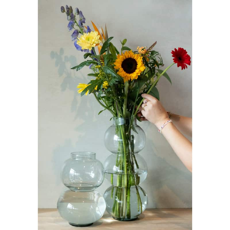 Transparent Round Duo Mouthblown Glass Vase - 10" - Clear