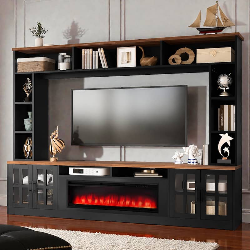 95.5" Wall Unit Entertainment Center with Electric Fireplace, Bookshelves, TV Stand for TVs up to 80"