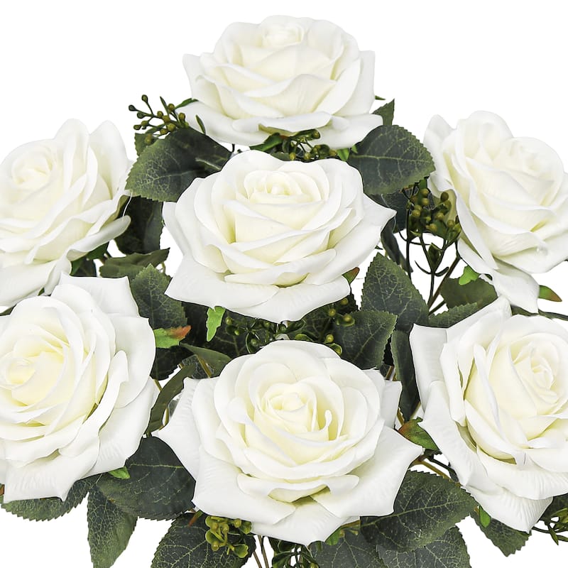 Set of 2 Cream White Artificial Queen Tea Rose Flower Stem Bush Bouquet 17in - 17" L x 9" W x 9" DP
