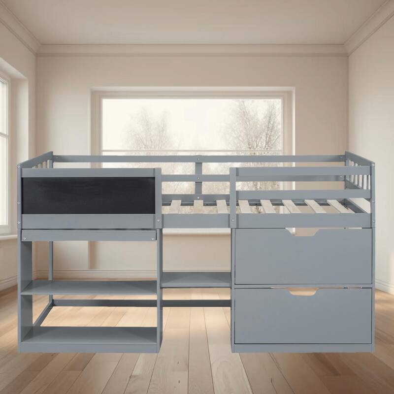Twin Size Low Loft Platform Bed with Rolling Desk, Bookshelf, and Storage Drawers, Maximize Space and Enhance Your Kids Room - Grey - Twin