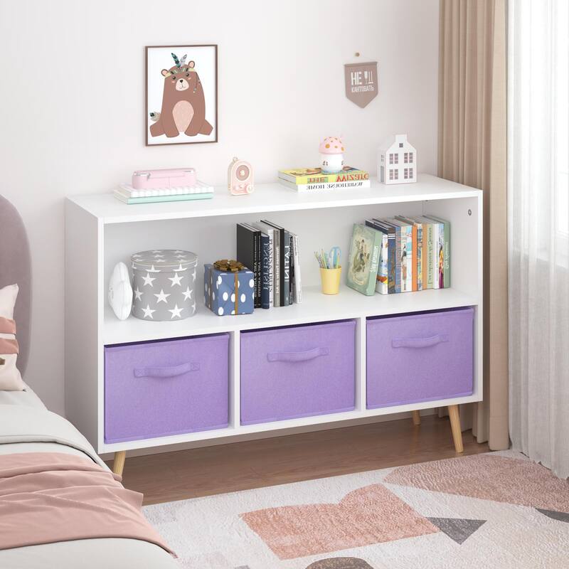 Kids Bookcase With Collapsible Fabric Drawers, Children'S Book Display, Toy Storage Cabinet Organizer,White/Purple