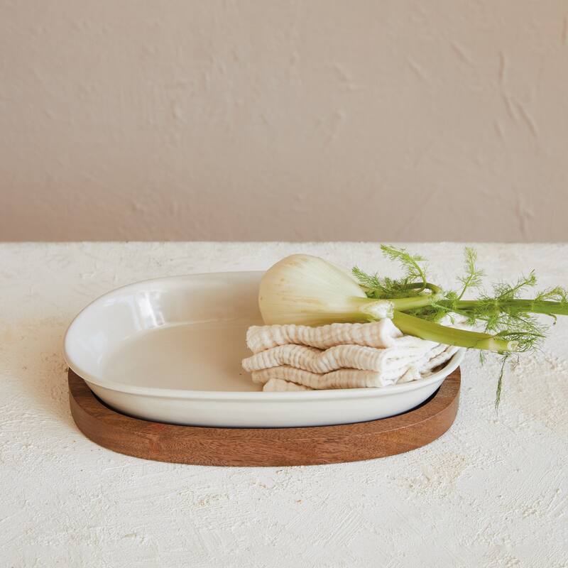 Stoneware Serving Dish with Mango Wood Base - 12.8"L x 8.3"W x 2.3"H