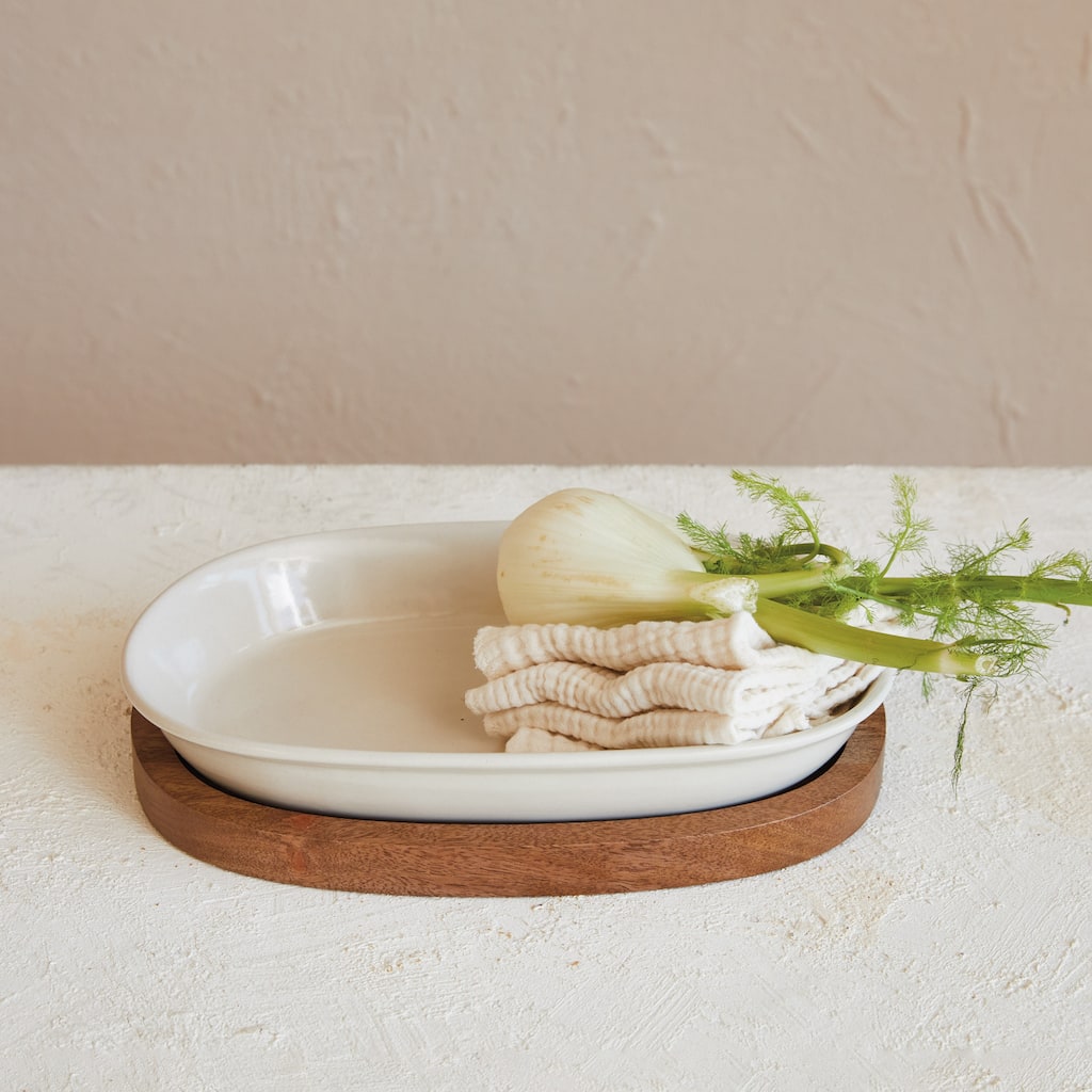 Stoneware Serving Dish with Mango Wood Base