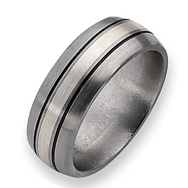 Chisel Sterling Silver Grooved Brushed and Antiqued Titanium Ring (8.0 mm)