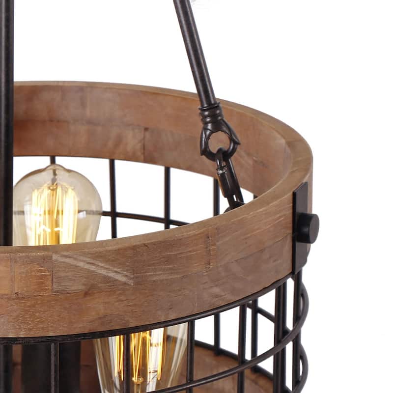Anmytek Modern Farmhouse 3-Light Wood Drum Chandelier Round Metal Pendant Lights for Dining Room - 14" D x 24" H