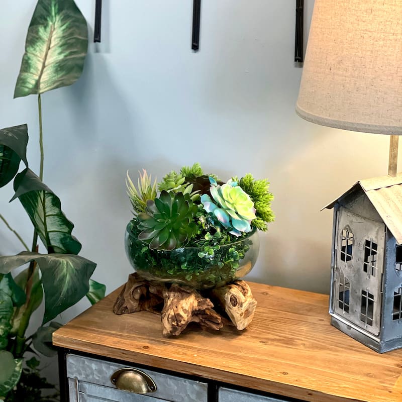 Molten Glass Bowl On Driftwood 10" Hand Blown Decorative Centerpiece