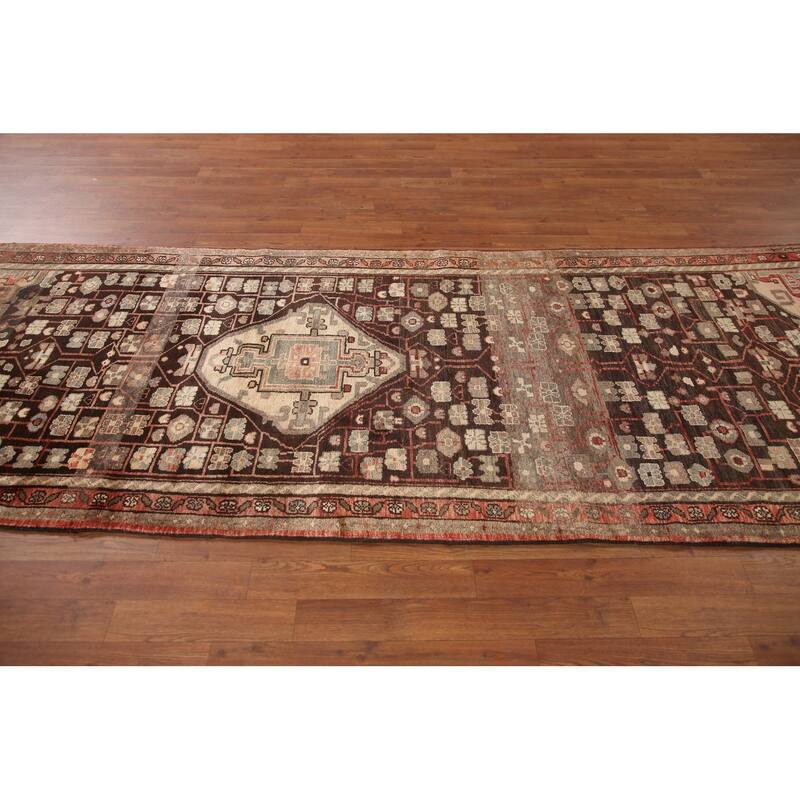 Hand Knotted Oriental 100% Wool Carpet Traditional Geometric Brown Malayer Runner Rug - 10' 0'' X 3' 9''