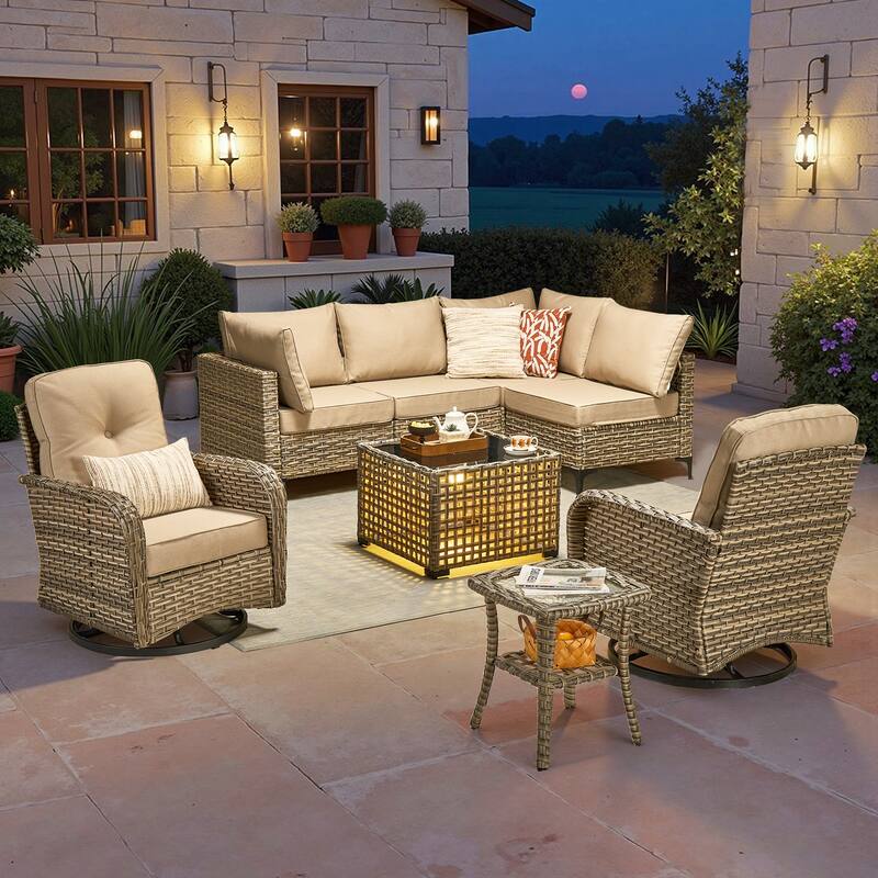 HOOOWOOO 8-piece Outdoor Seating Sofa Patio Wicker Swivel Chair Set - Beige