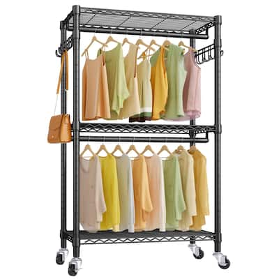 Medium Rolling Garment Rack 3 Tiers Adjustable Clothes Rack with Rods ...