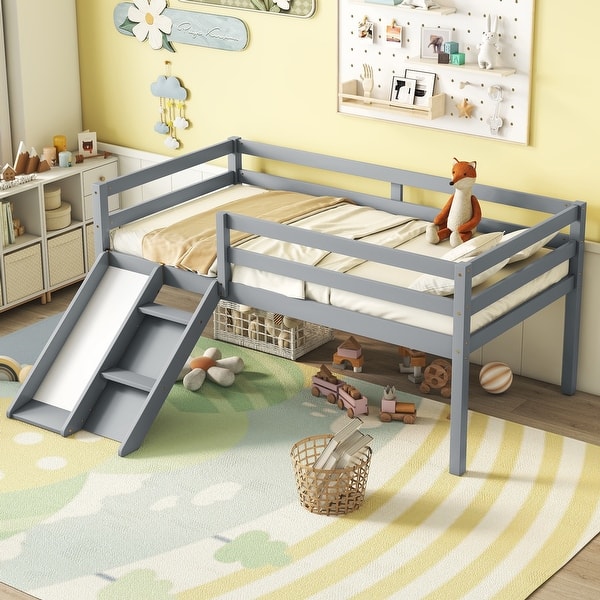 slide 2 of 16, Twin Size Low Loft Platform Bed wSlide and Ladder & Safety Guardrails Grey - Twin