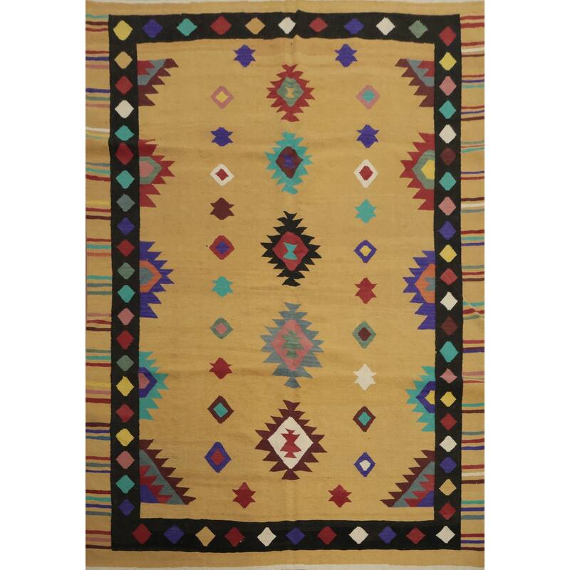 Hand Woven Oriental 100% Wool Carpet Southwestern Tribal Yellow & Gold Kilim Area Rug - 9' 10'' X 8' 2''