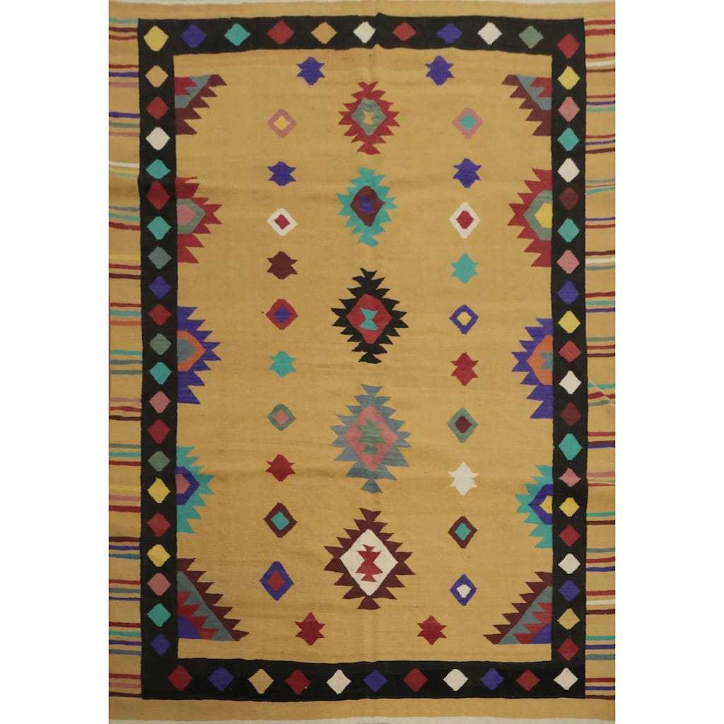 Hand Woven Oriental 100% Wool Carpet Southwestern Tribal Yellow & Gold Kilim Area Rug - 9' 10'' X 8' 2''