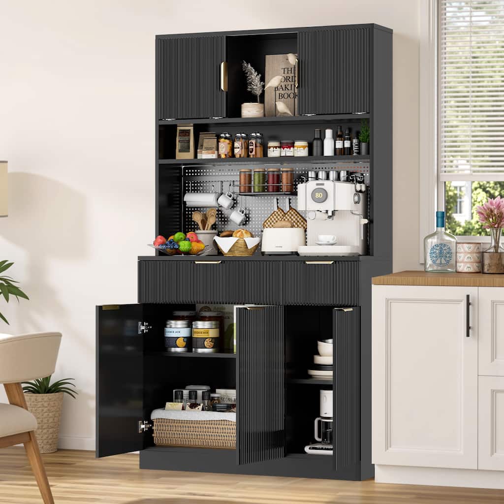 Pocassy 71" Fluted Hutch Storage Cabinet with Storage Pegboard