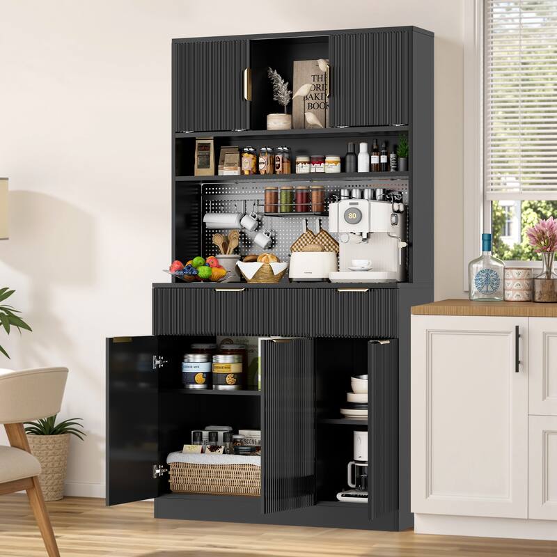 Pocassy 71" Fluted Hutch Storage Cabinet with Storage Pegboard - Black