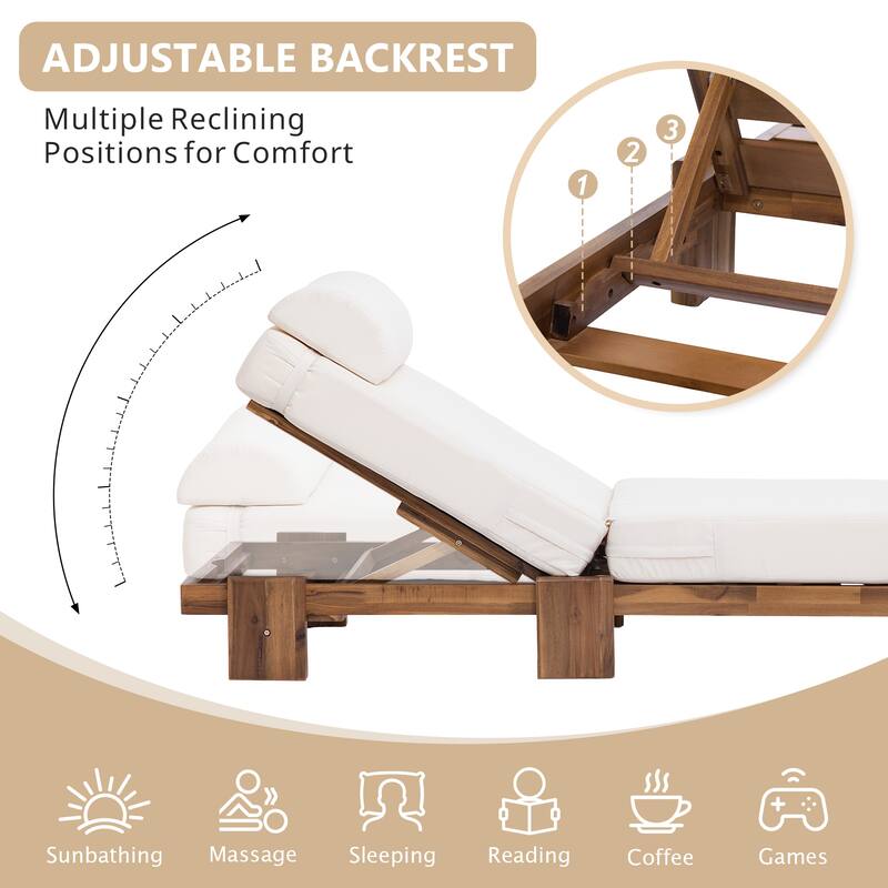 78.8" Acacia Wood Outdoor Patio Chaise Lounge - Adjustable Recliner with Headrest & Retractable Side Tray for Poolside, Garden