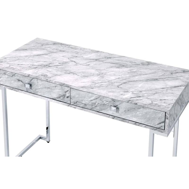 Rectangular Writing Desk with 2 Drawers, White Engineered Stone Top and Chrome