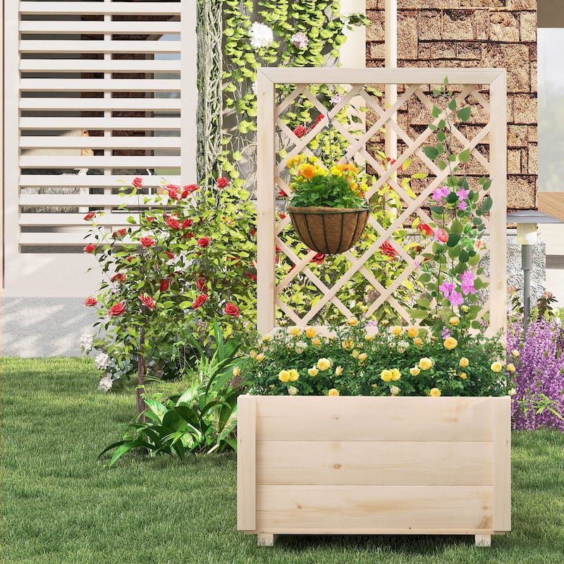 Costway 1/2 PCS 40" Tall Wooden Raised Garden Bed with Lattice Trellis - Natural