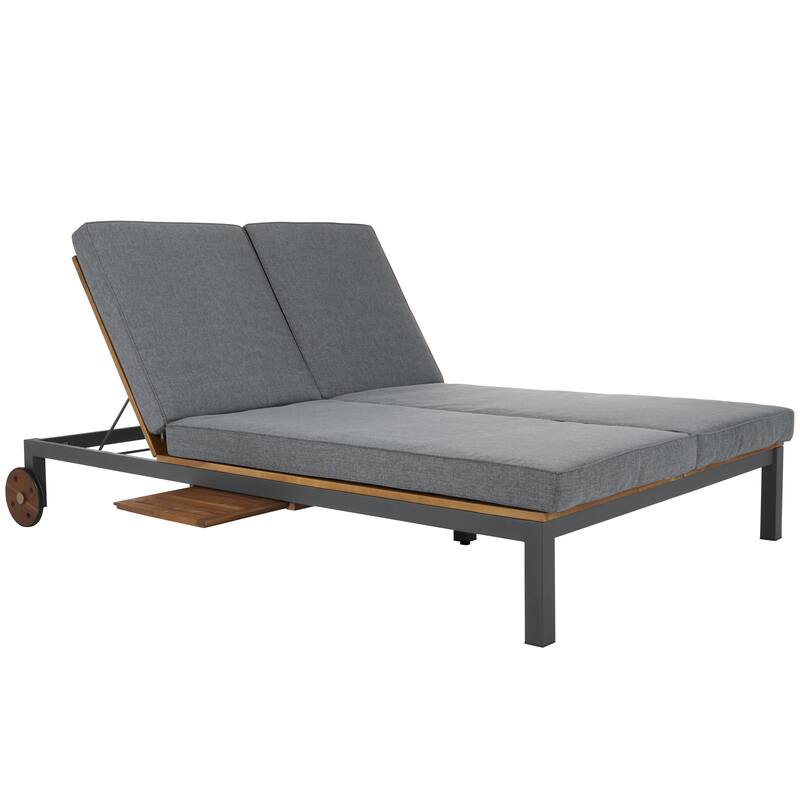 SAFAVIEH Outdoor Francka Adjustable Double Lounge Chair with Side Table - 83 In. W x 52 In. D x 15.8 In H - 83Wx52Dx16H