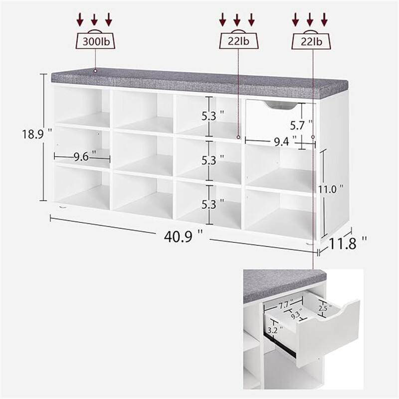 Shoe Bench - 11.8"D x 40.9"W x 18.9"H
