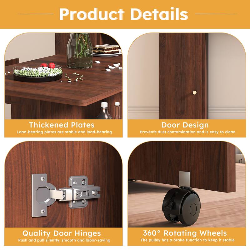 Folding Dining Table and Storage Sideboard with Charging Station， Multifunctional Space-Saving Kitchen Table with Wheels