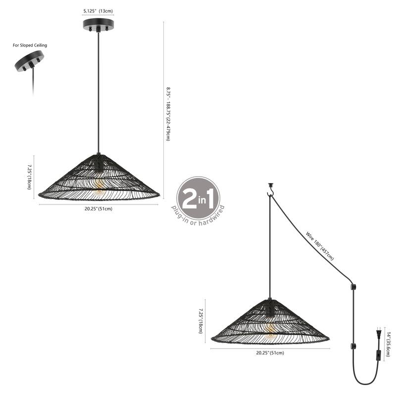 Lucas 1-Light Farmhouse Coastal 180" Cord Plug-In or Hardwired LED Pendant, by JONATHAN Y