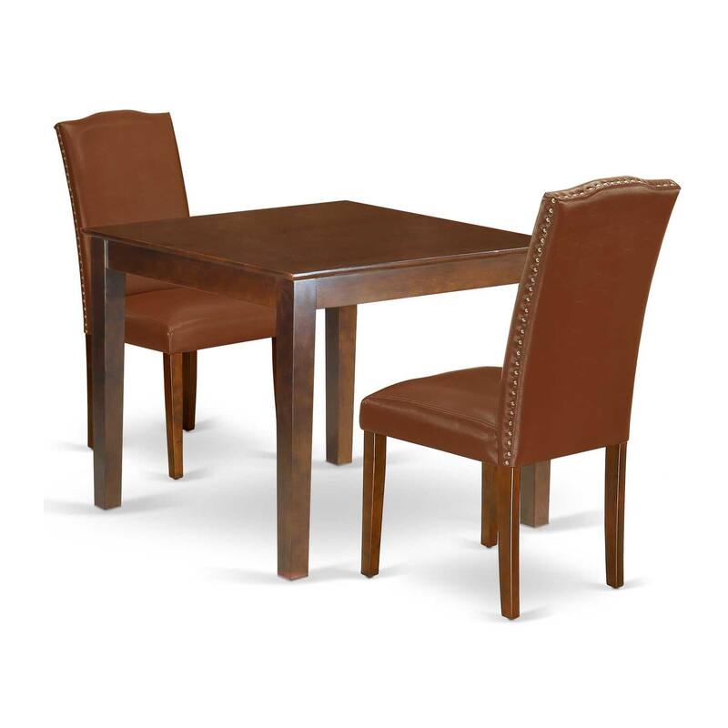 Rustic Dining Set 3Pc Square Table & 2 Parsons Chairs - Mahogany Legs, Brown Faux Leather